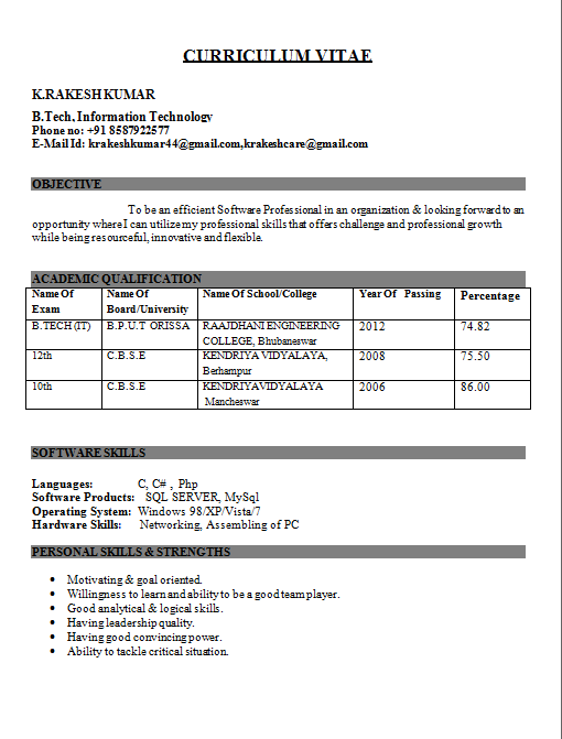 Resume for engg freshers